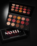 Twin Soul eyeshadow palette open and also the front of recyclable packaging showing. 15 shades, matter and shimmer