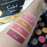 Close up swatches on skin 5 shades mauves orange and pinks